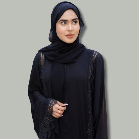 Black Lace Abaya with Stone Work - Premium Collection SQ0X4