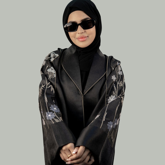 Black Luxury Abaya with Silver Embroidery and Handwork - OSX0101