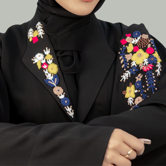 Black Neda Abaya with Collar and Exquisite Handwork - OSX0105