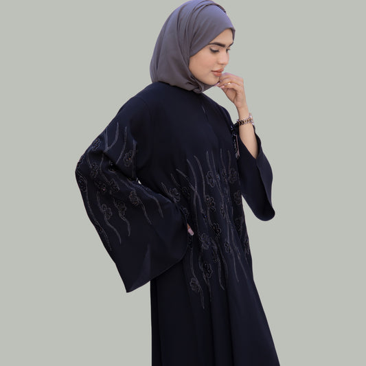 Navy Blue Neda Fabric Abaya with Silver Embroidery - SQ0X10