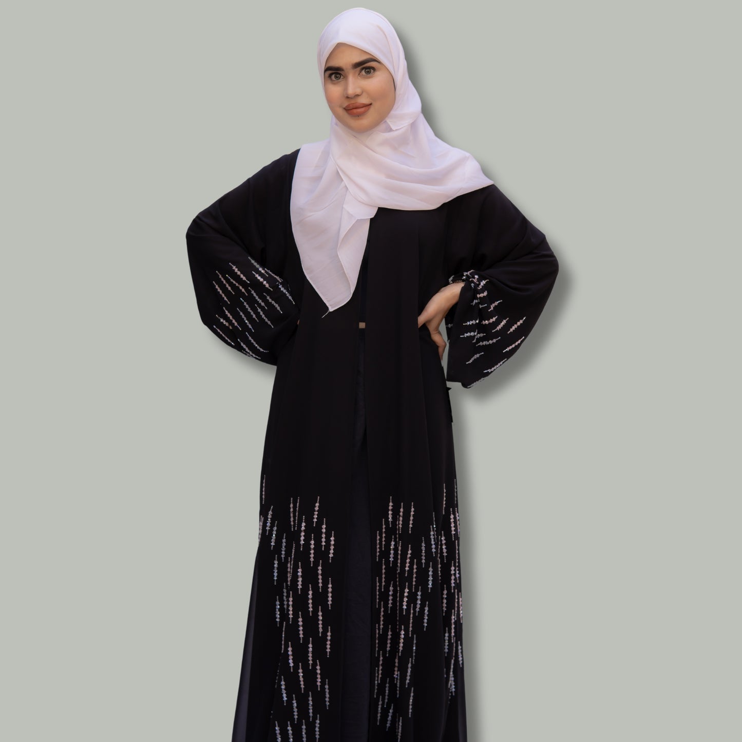 Black Double Chiffon Layered Abaya with Elegant Handwork - SQ0X5