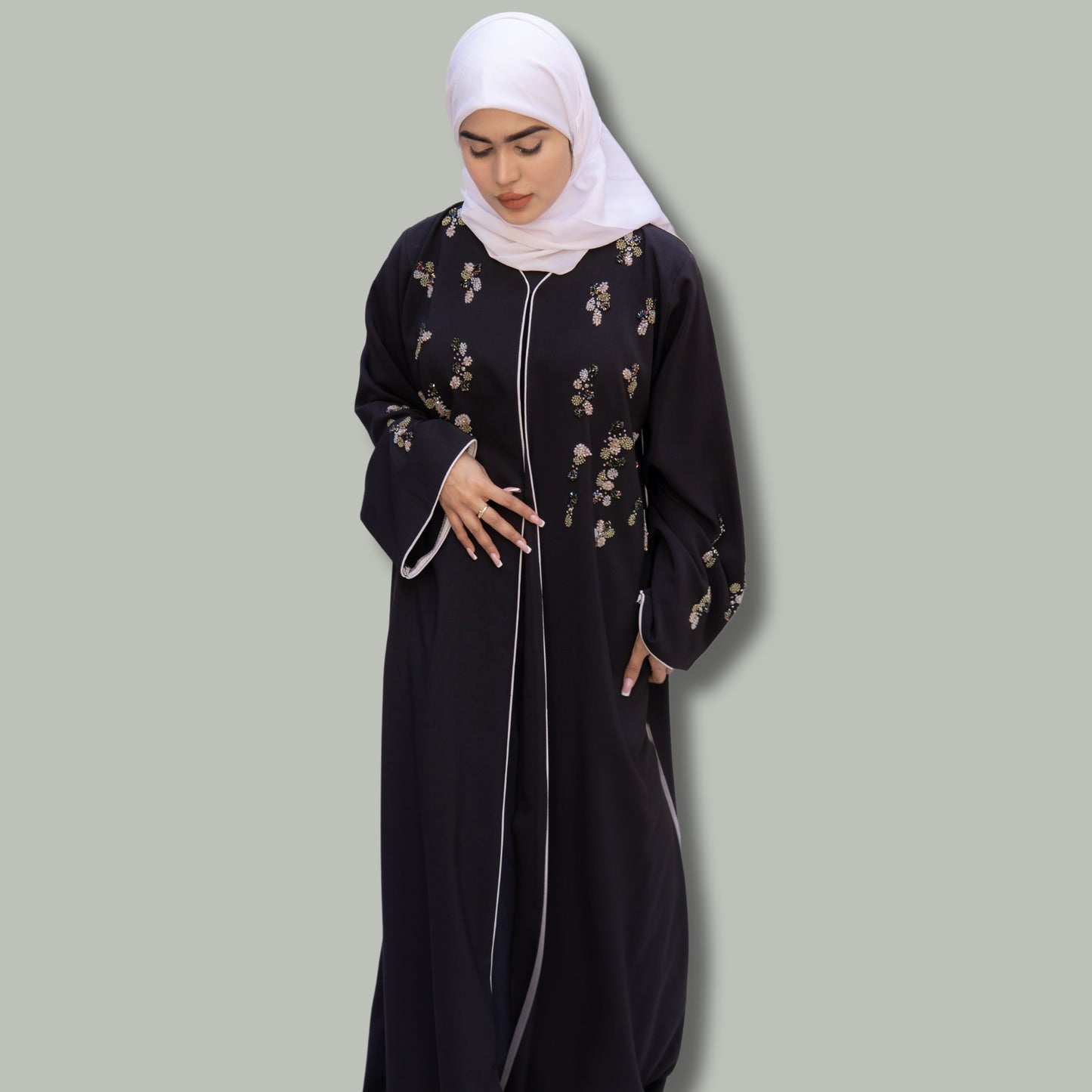 Fowe Linen Abaya with Rainbow Handwork - SQ0X8