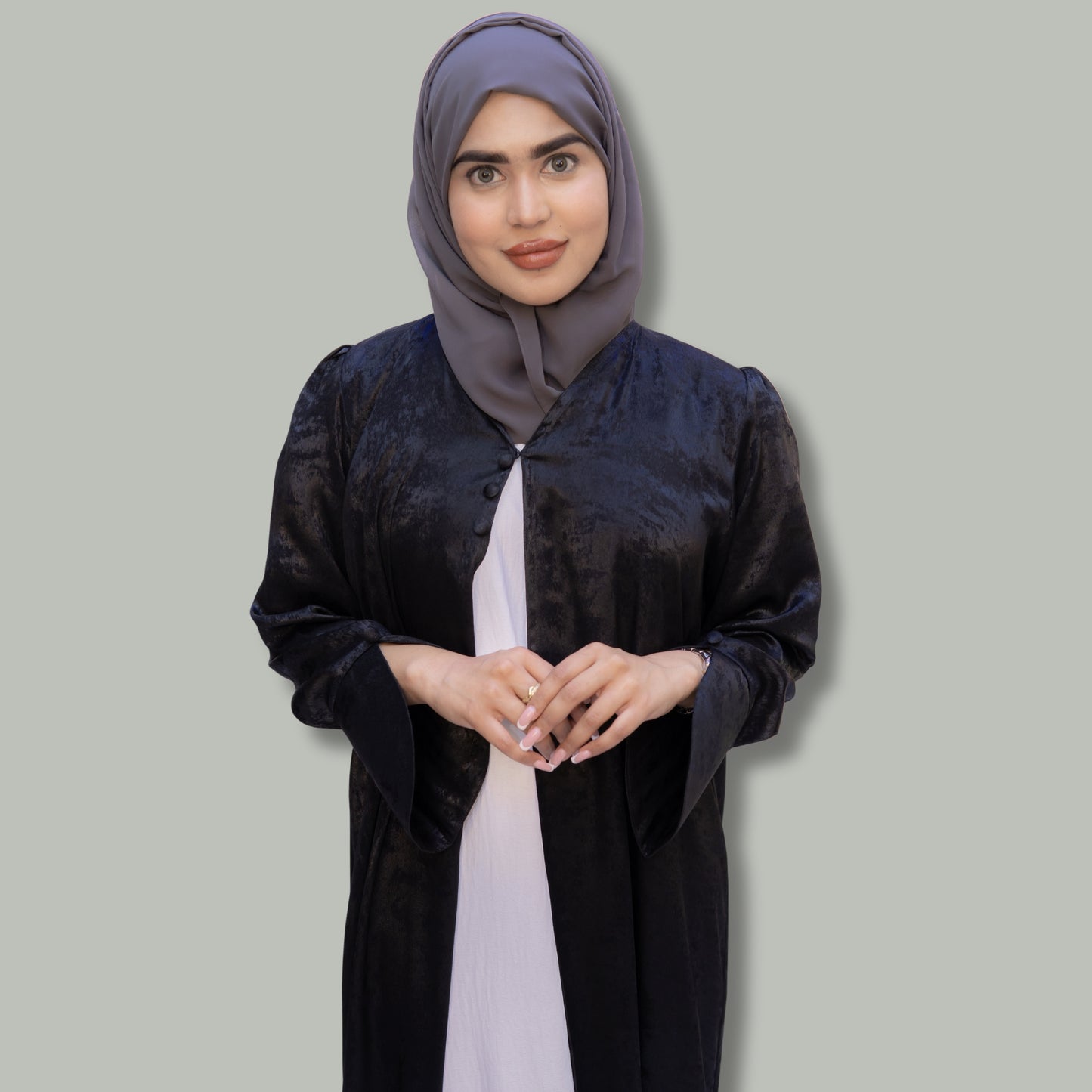 Plain Black Velvet Abaya with Shiny Silver Accents - SQ0X11