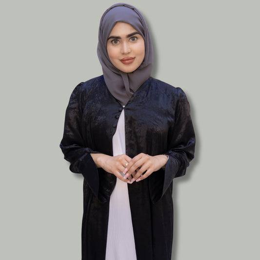 Plain Black Velvet Abaya with Shiny Silver Accents - SQ0X11