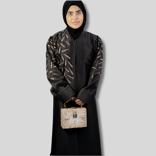 Dark Brown Satin Abaya with Luxurious Embroidery - OSX0108