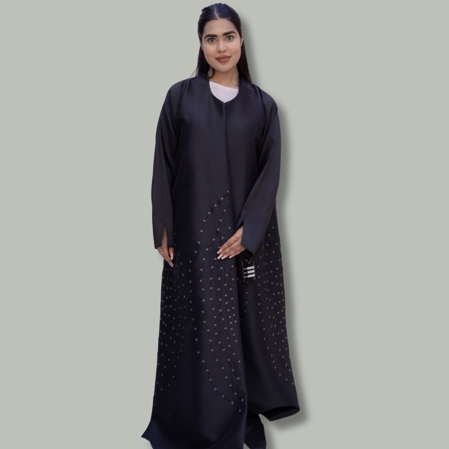 Elegant Black Satin Abaya with Black and Grey Embroidery - SQ0X20