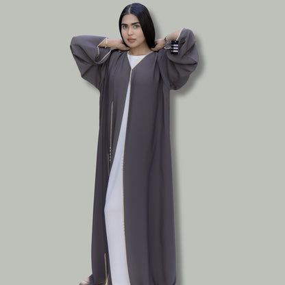 Soft Neda Dark Grey Abaya with Pleated Design and Qureishi Work - SQ0X16