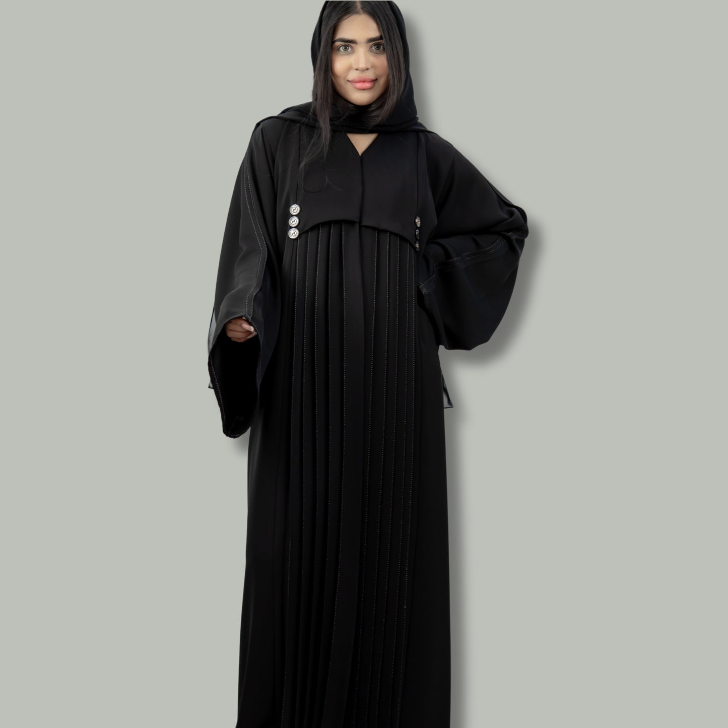 Pleated Neda Abaya with Front and Back Buttons - OSX0126