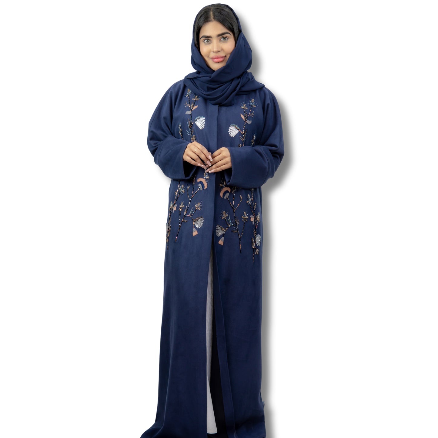 Blue Woolen Abaya with Rainbow Handwork Design - OSX0129