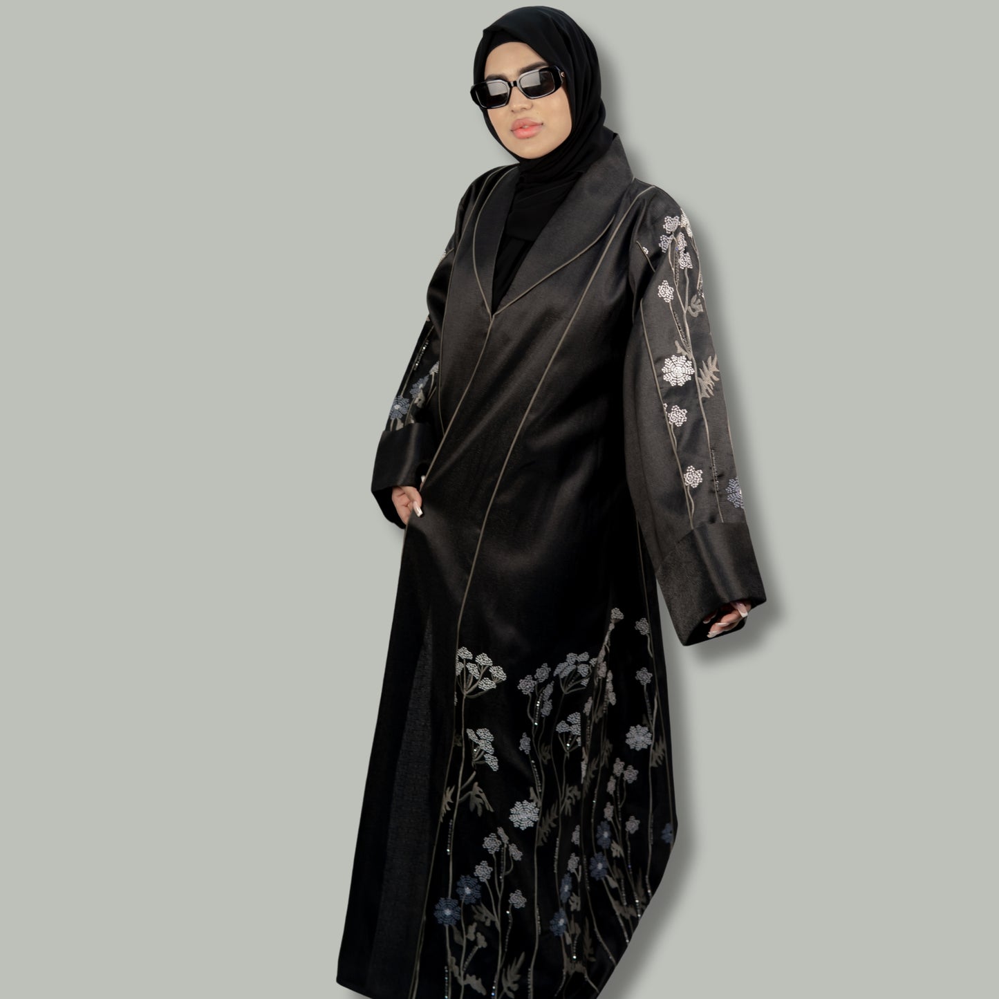 Black Luxury Abaya with Silver Embroidery and Handwork - OSX0101