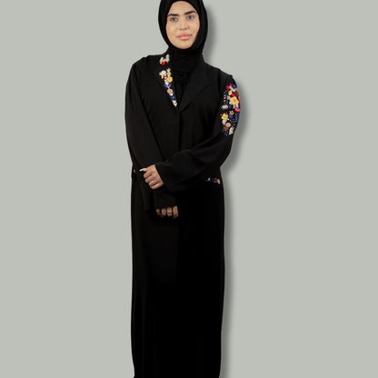 Black Neda Abaya with Collar and Exquisite Handwork - OSX0105