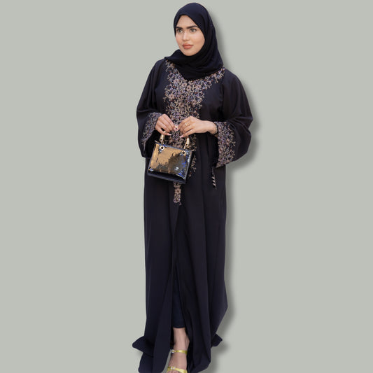 Embroidered Linen Open Abaya - SQ0x1