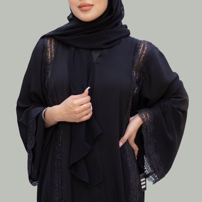 Black Lace Abaya with Stone Work - Premium Collection SQ0X4