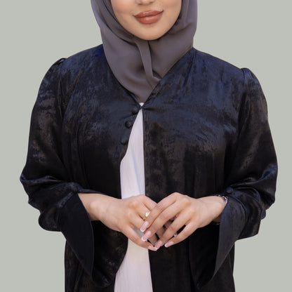 Plain Black Velvet Abaya with Shiny Silver Accents - SQ0X11