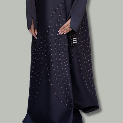 Elegant Black Satin Abaya with Black and Grey Embroidery - SQ0X20