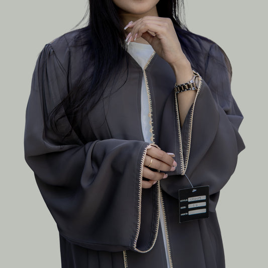 Soft Neda Dark Grey Abaya with Pleated Design and Qureishi Work - SQ0X16