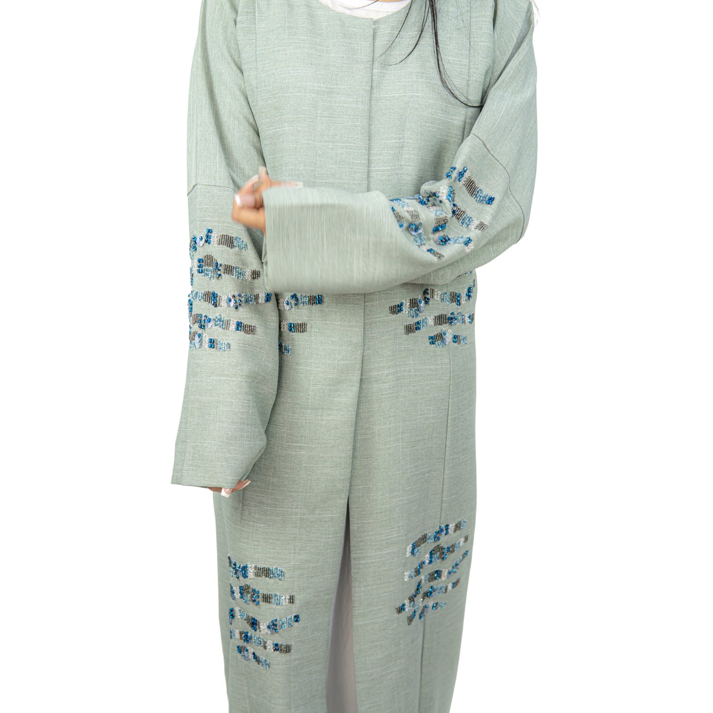 Mint Green Linen Abaya with Elegant Front Handwork - OSX0131