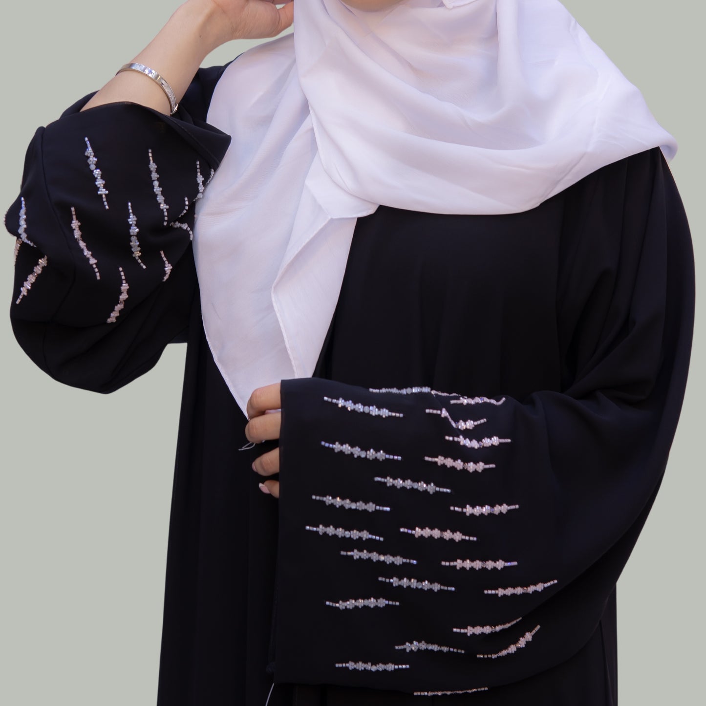 Black Double Chiffon Layered Abaya with Elegant Handwork - SQ0X5