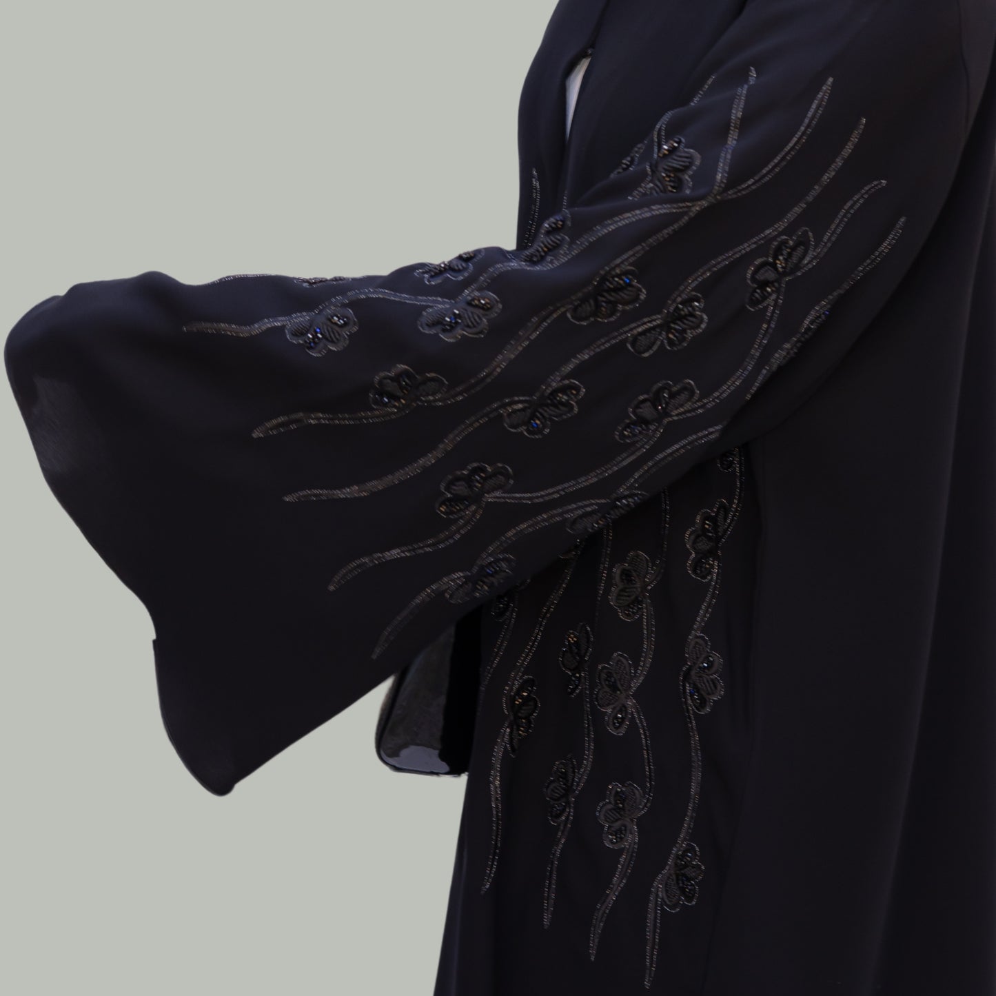 Navy Blue Neda Fabric Abaya with Silver Embroidery - SQ0X10