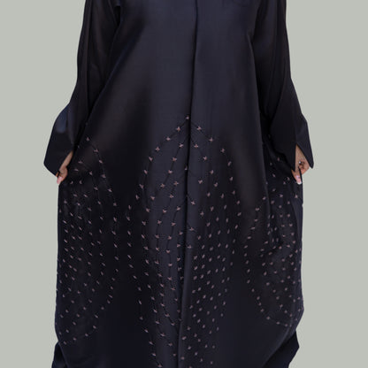 Elegant Black Satin Abaya with Black and Grey Embroidery - SQ0X20