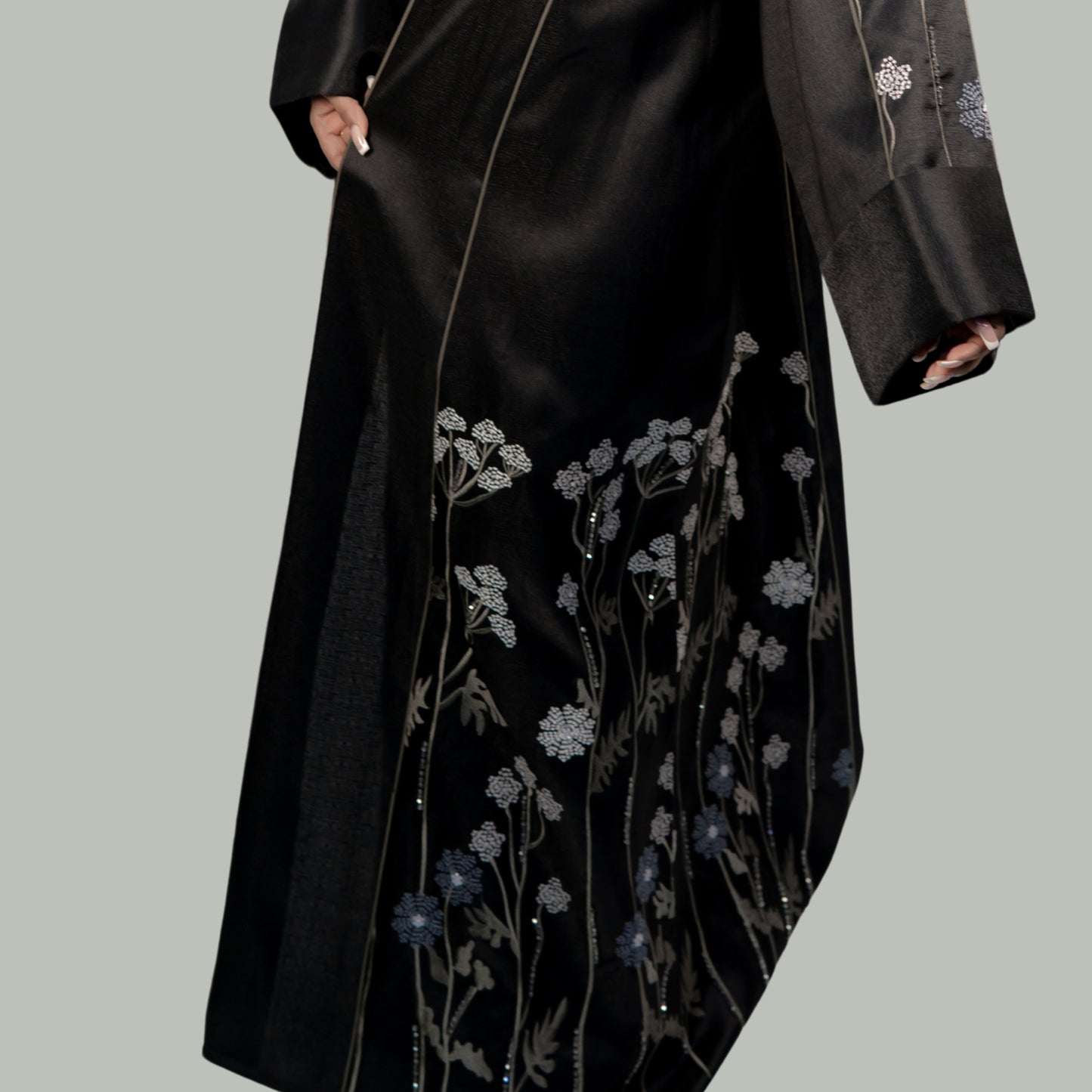 Black Luxury Abaya with Silver Embroidery and Handwork - OSX0101