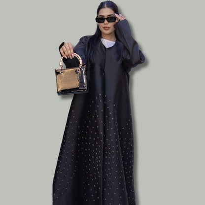 Elegant Black Satin Abaya with Black and Grey Embroidery - SQ0X20