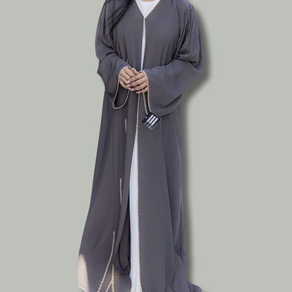 Soft Neda Dark Grey Abaya with Pleated Design and Qureishi Work - SQ0X16