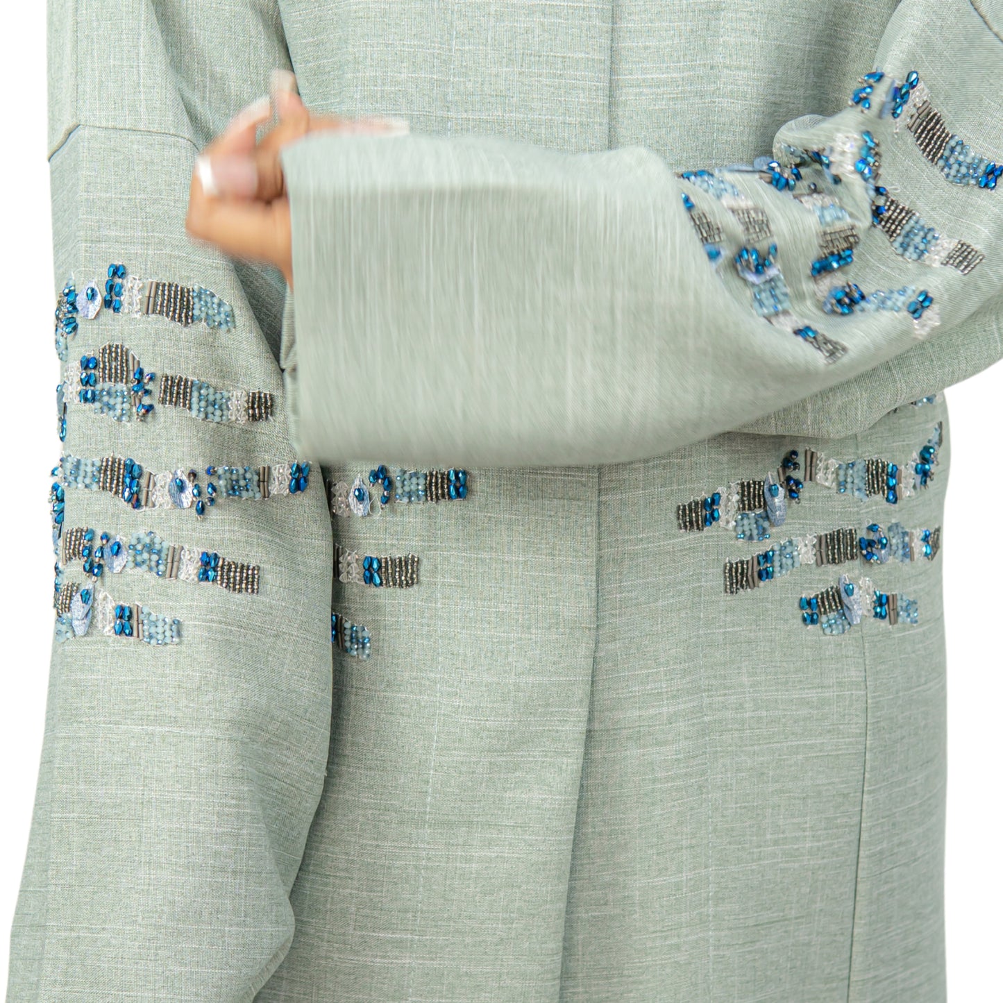 Mint Green Linen Abaya with Elegant Front Handwork - OSX0131