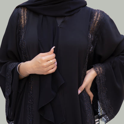 Black Lace Abaya with Stone Work - Premium Collection SQ0X4