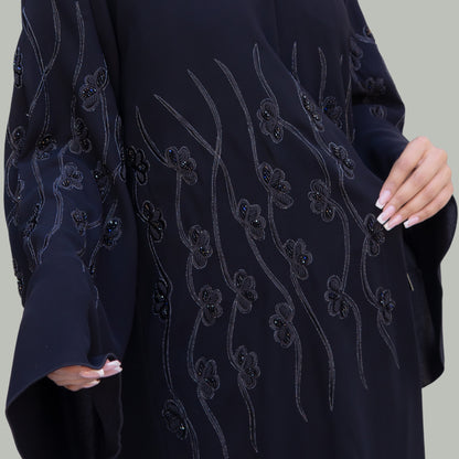 Navy Blue Neda Fabric Abaya with Silver Embroidery - SQ0X10