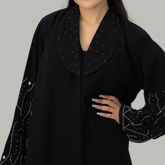 Premium Collared Black Open Abaya with Handwork - OSX0154