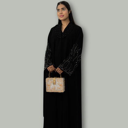 Premium Collared Black Open Abaya with Handwork - OSX0154