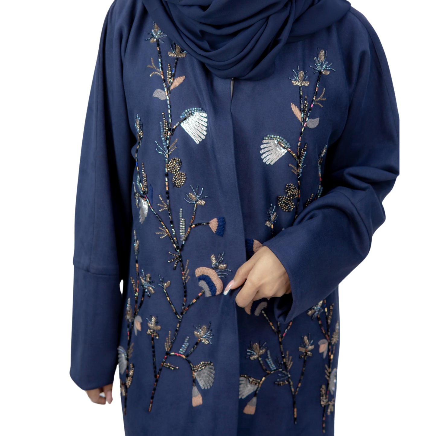 Blue Woolen Abaya with Rainbow Handwork Design - OSX0129